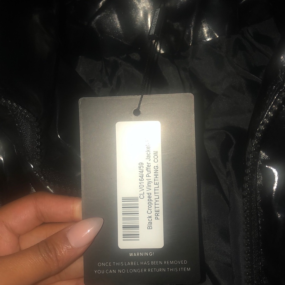 Black cropped vinyl puffer jacket